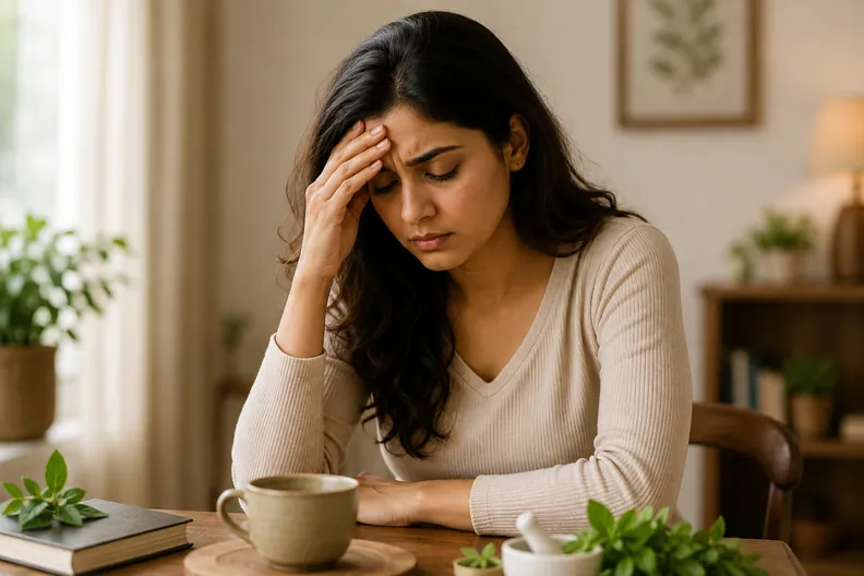 Woman experiencing a headache with ayurvedic herbs
